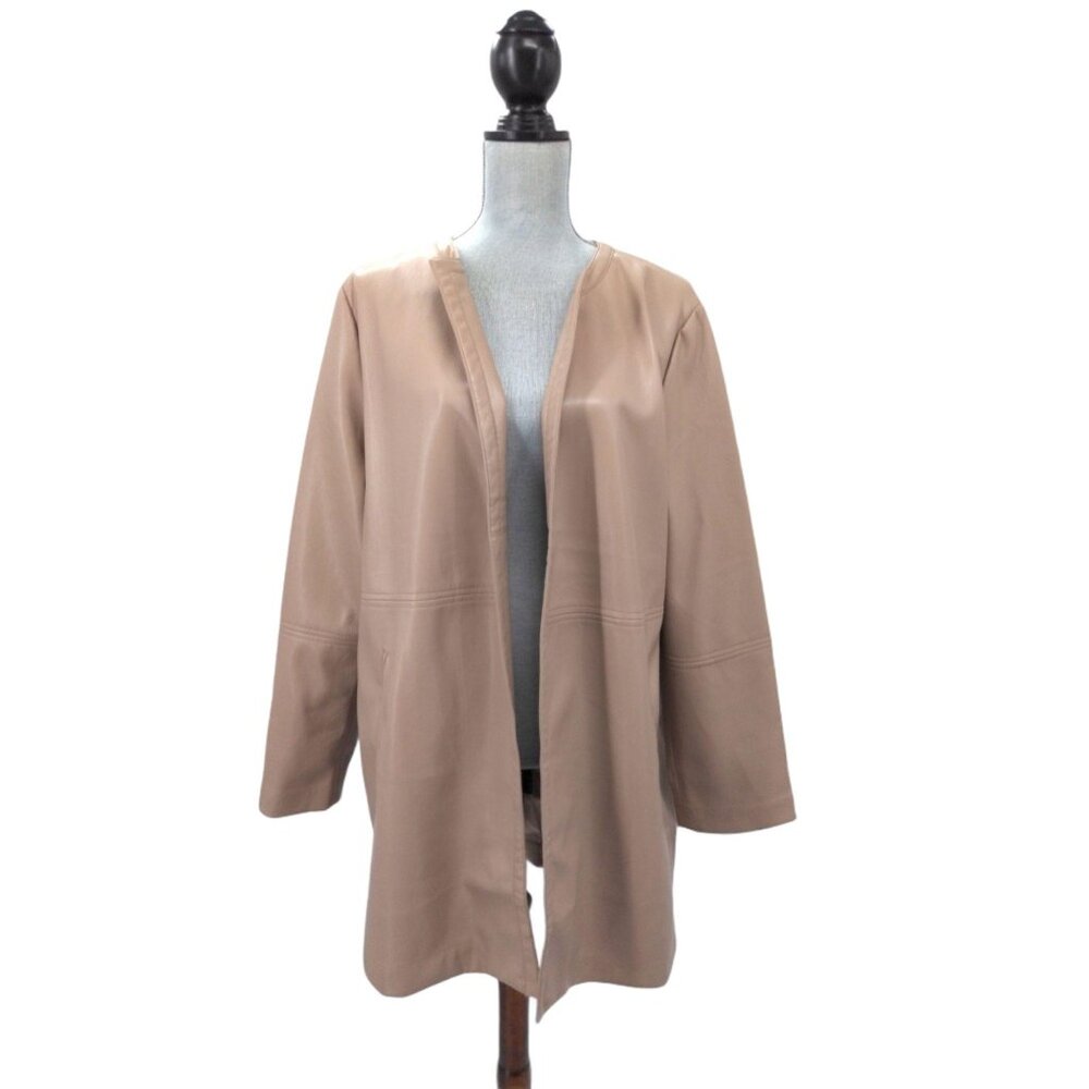 Chicos 3 Vegan Faux Leather Open Front Jacket 16 18 Tan Soft Lined Capsule Layer